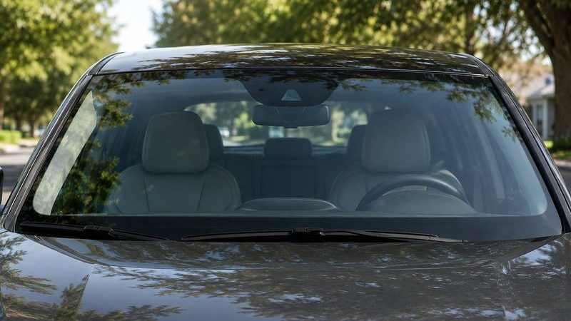 A clear, undamaged windshield on a parked vehicle
